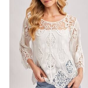 Boho Sheer Cotton Crochet Top - 3/4 Sleeve Lace Blouse Ivory